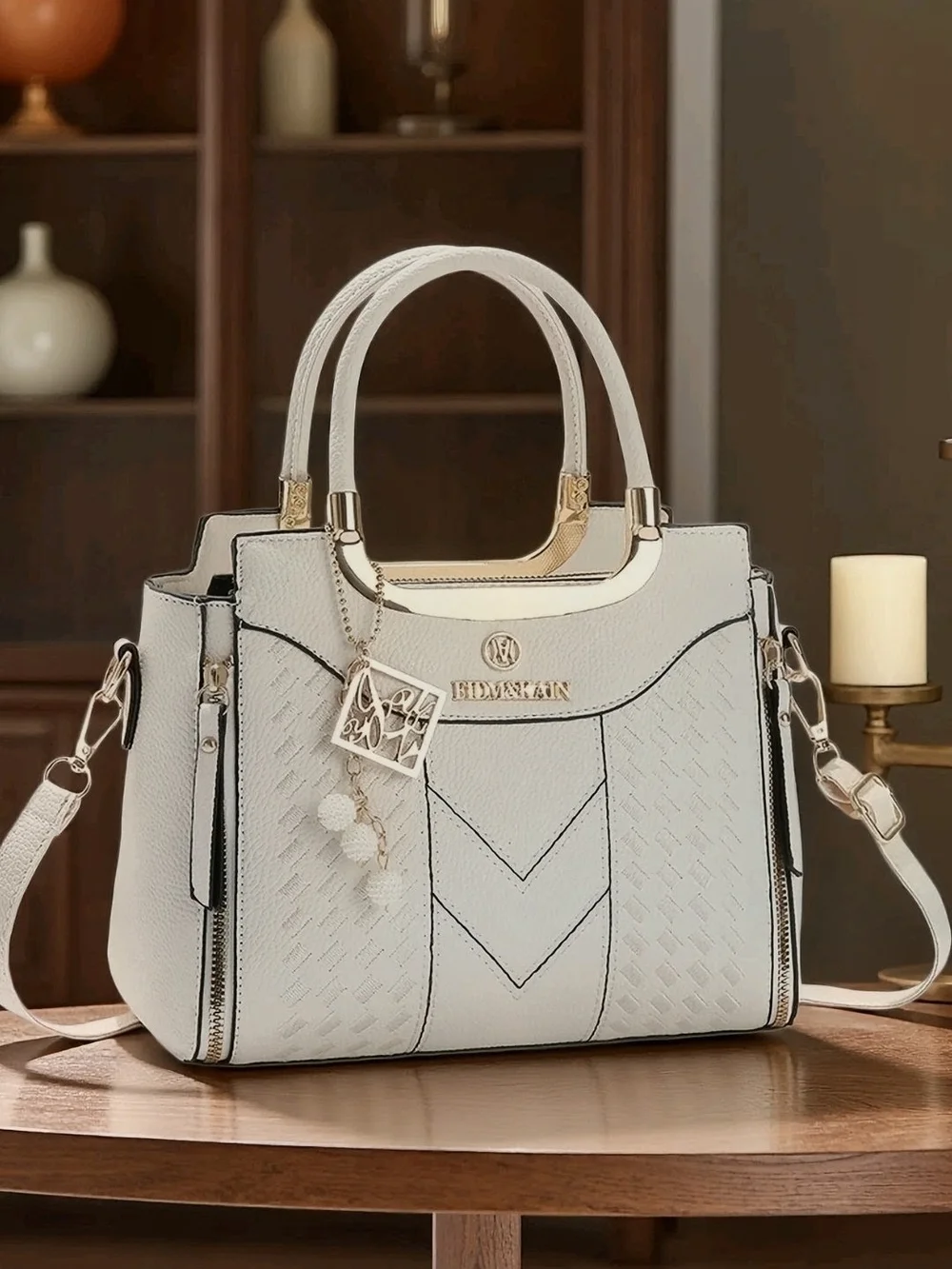 Cream Structured Satchel with Removable Strap